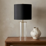 Eden Table Lamp – Clear Glass Base with Brass Stem and Black Fabric Shade