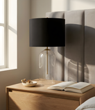 Eden Table Lamp – Clear Glass Base with Brass Stem and Black Fabric Shade