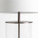 Eden Table Lamp – Clear Glass Base with Brass Stem and Black Fabric Shade