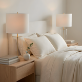 Eden Table Lamp – Clear Glass Base with Brass Stem and Black Fabric Shade
