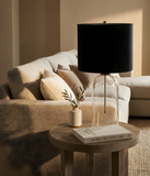 Eden Table Lamp – Clear Glass Base with Brass Stem and Black Fabric Shade