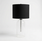 Eden Table Lamp – Clear Glass Base with Brass Stem and Black Fabric Shade