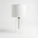 Eden Table Lamp – Clear Glass Base with Brass Stem and Black Fabric Shade