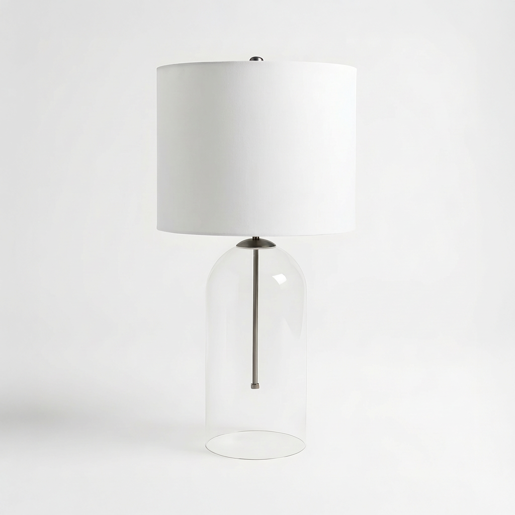 Eden Table Lamp – Clear Glass Base with Brass Stem and Black Fabric Shade