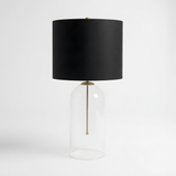 Eden Table Lamp – Clear Glass Base with Brass Stem and Black Fabric Shade