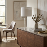 Eden Table Lamp – Clear Glass Base with Brass Stem and Black Fabric Shade