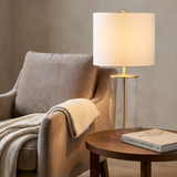 Eden Table Lamp – Clear Glass Base with Brass Stem and Black Fabric Shade