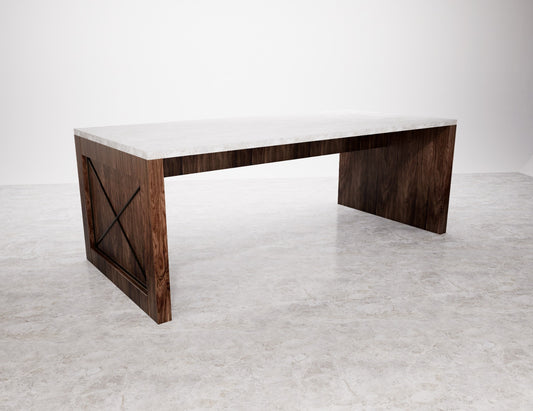 Table with a wooden structure and a marble top.